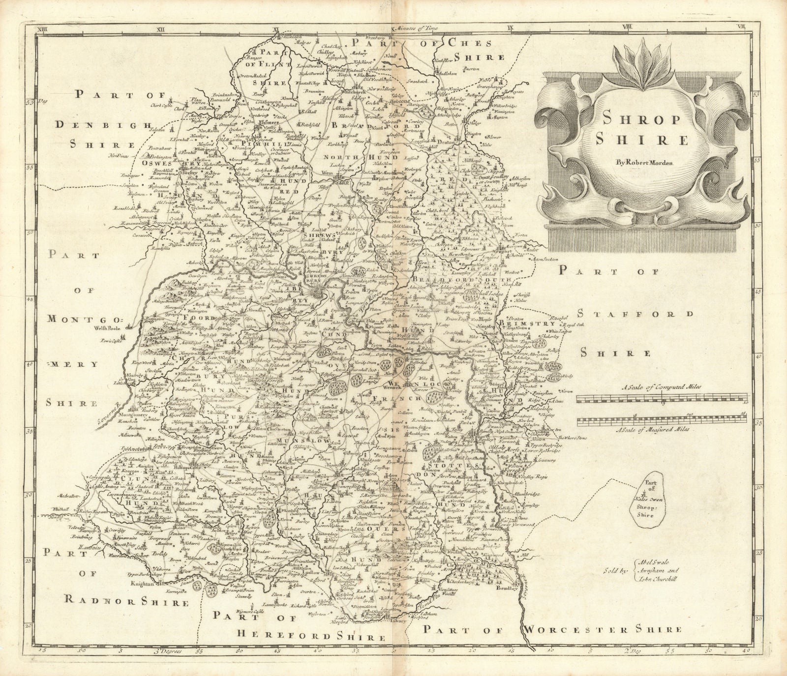 Shropshire. 'SHROP SHIRE' by ROBERT MORDEN from Camden's Britannia 1695 map